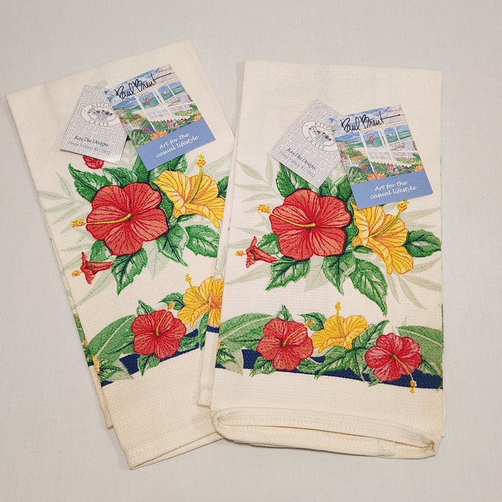 Kay Dee‎ Designs Hibiscus Floral Kitchen Towels Set of 2 Cream NWT Paul Brent